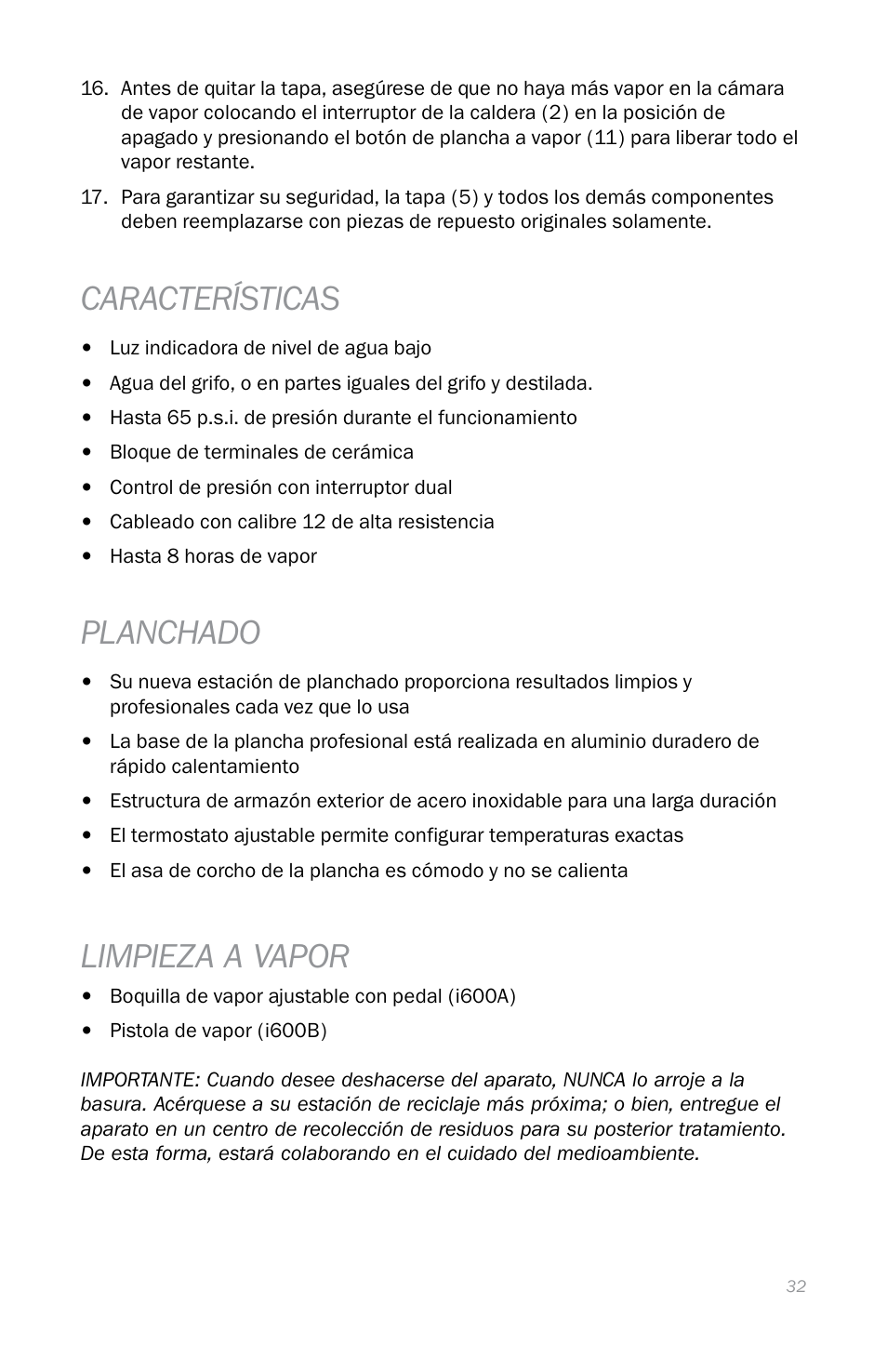 Características, Planchado, Limpieza a vapor | Reliable i600 User Manual | Page 35 / 60