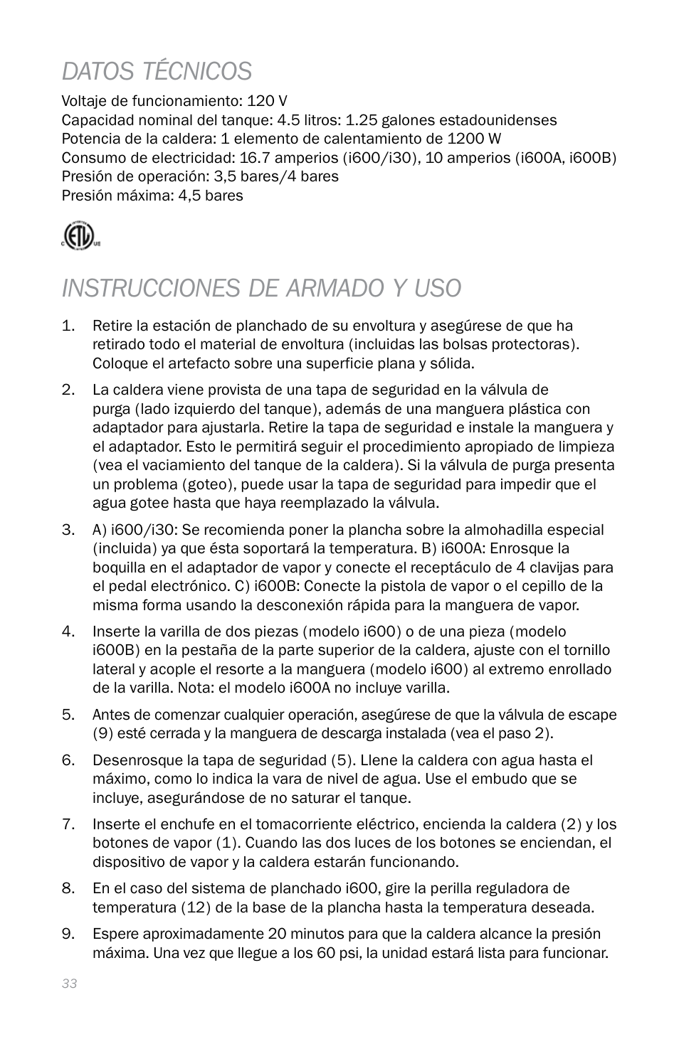 Datos técnicos, Instrucciones de armado y uso | Reliable i600 User Manual | Page 36 / 60