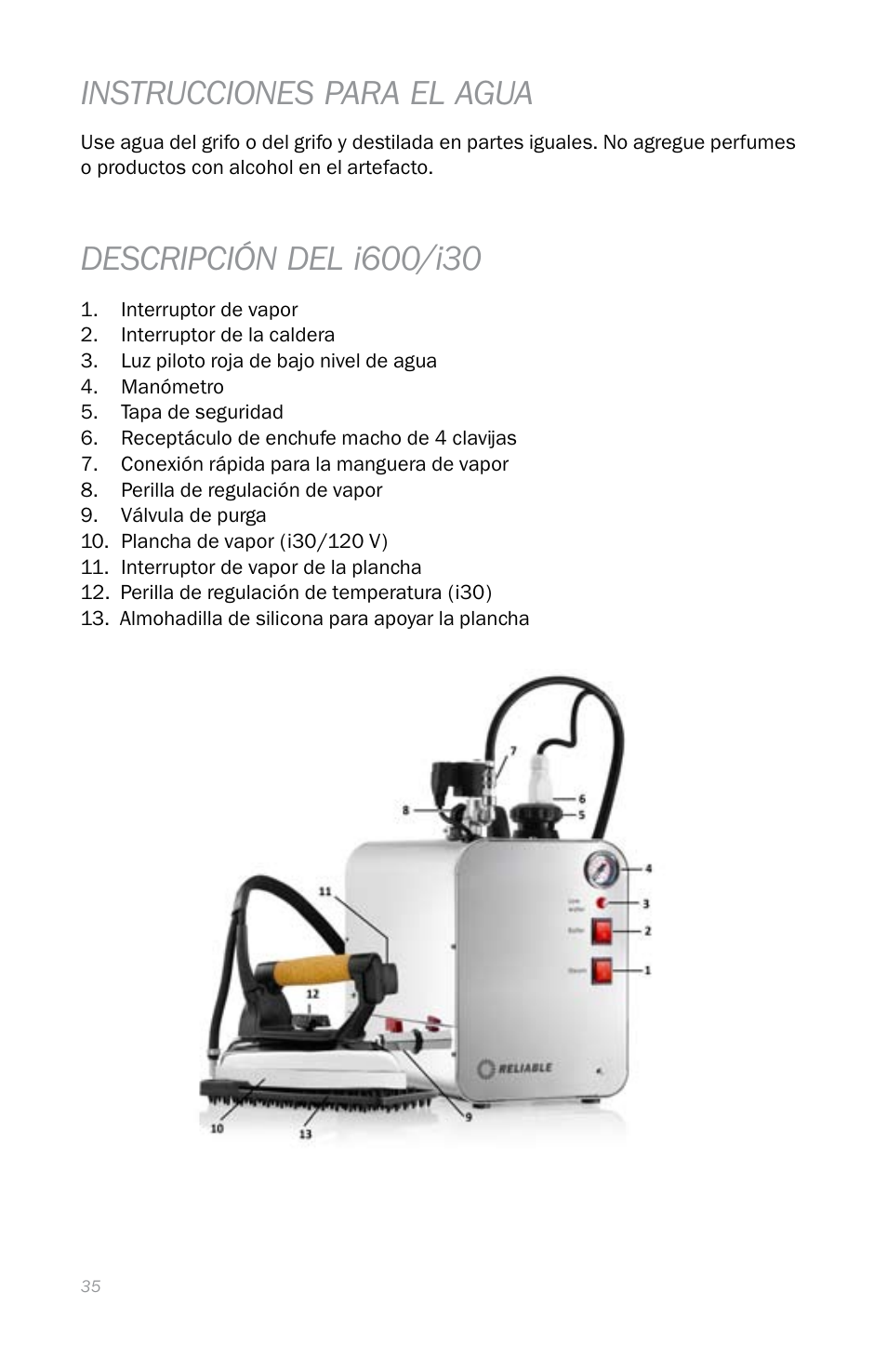 Instrucciones para el agua | Reliable i600 User Manual | Page 38 / 60