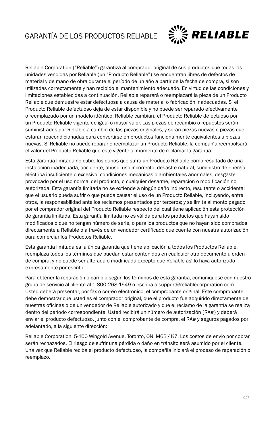 Garantía de los productos reliable | Reliable i600 User Manual | Page 45 / 60