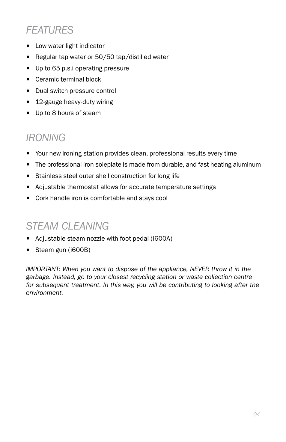 Features, Ironing, Steam cleaning | Reliable i600 User Manual | Page 7 / 60