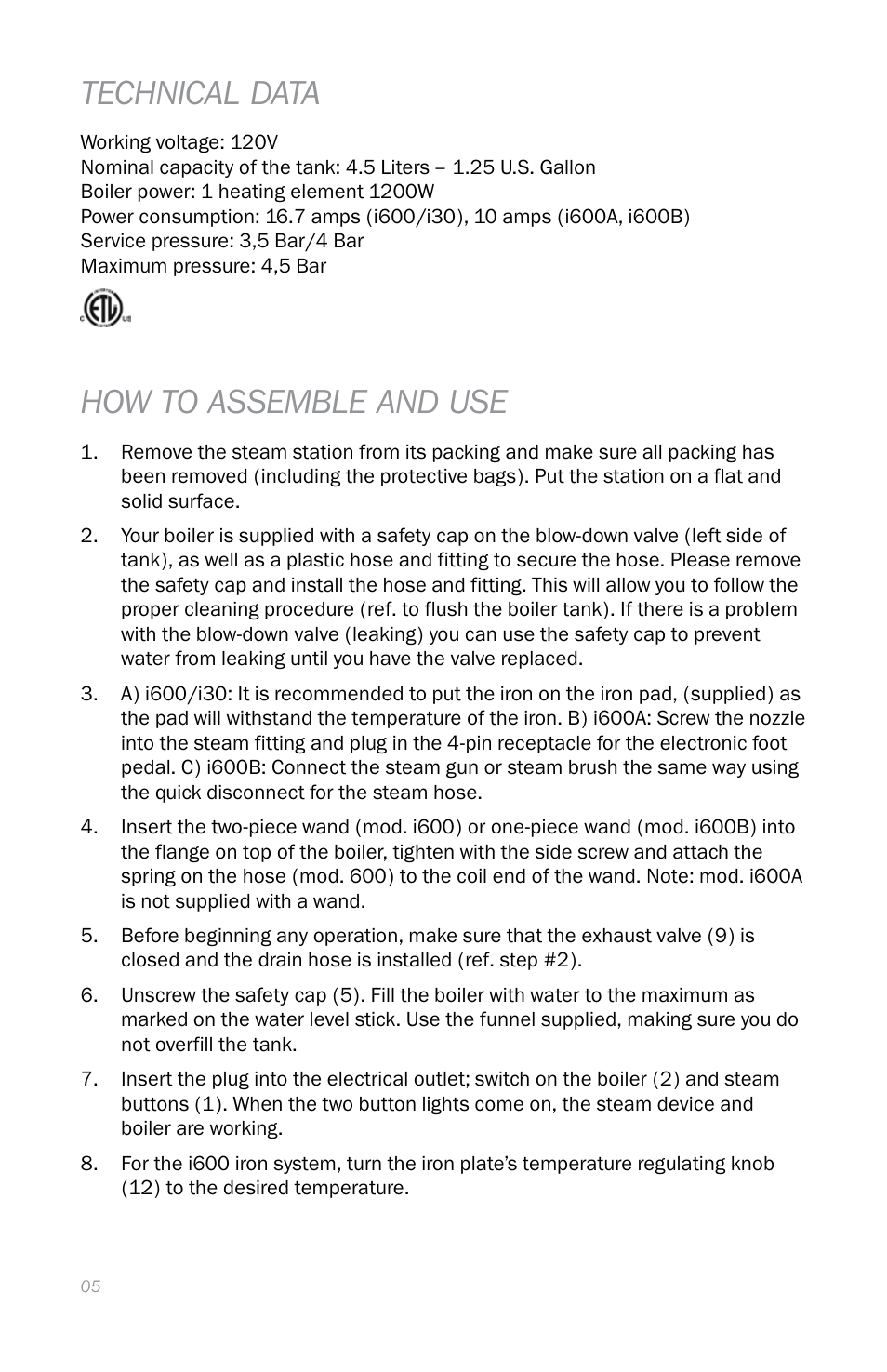 Technical data, How to assemble and use | Reliable i600 User Manual | Page 8 / 60