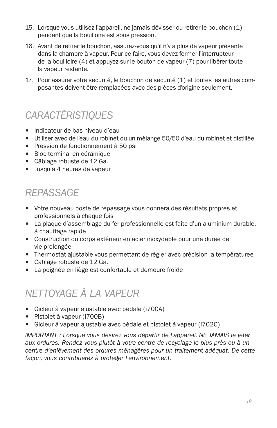 Caractéristiques, Repassage, Nettoyage à la vapeur | Reliable i700 User Manual | Page 20 / 45