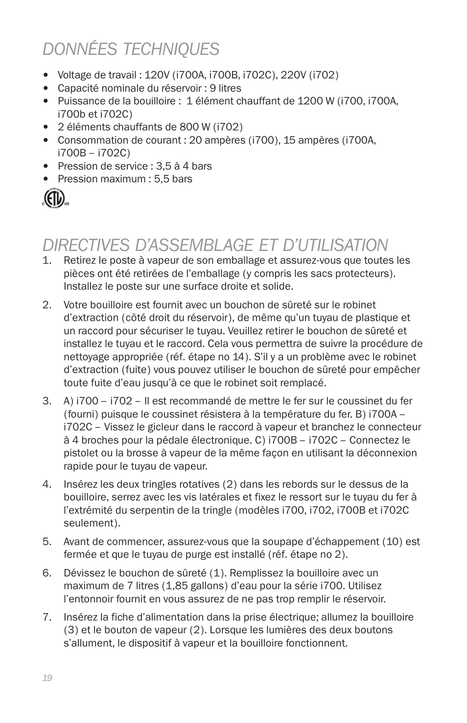 Données techniques, Directives d’assemblage et d’utilisation | Reliable i700 User Manual | Page 21 / 45