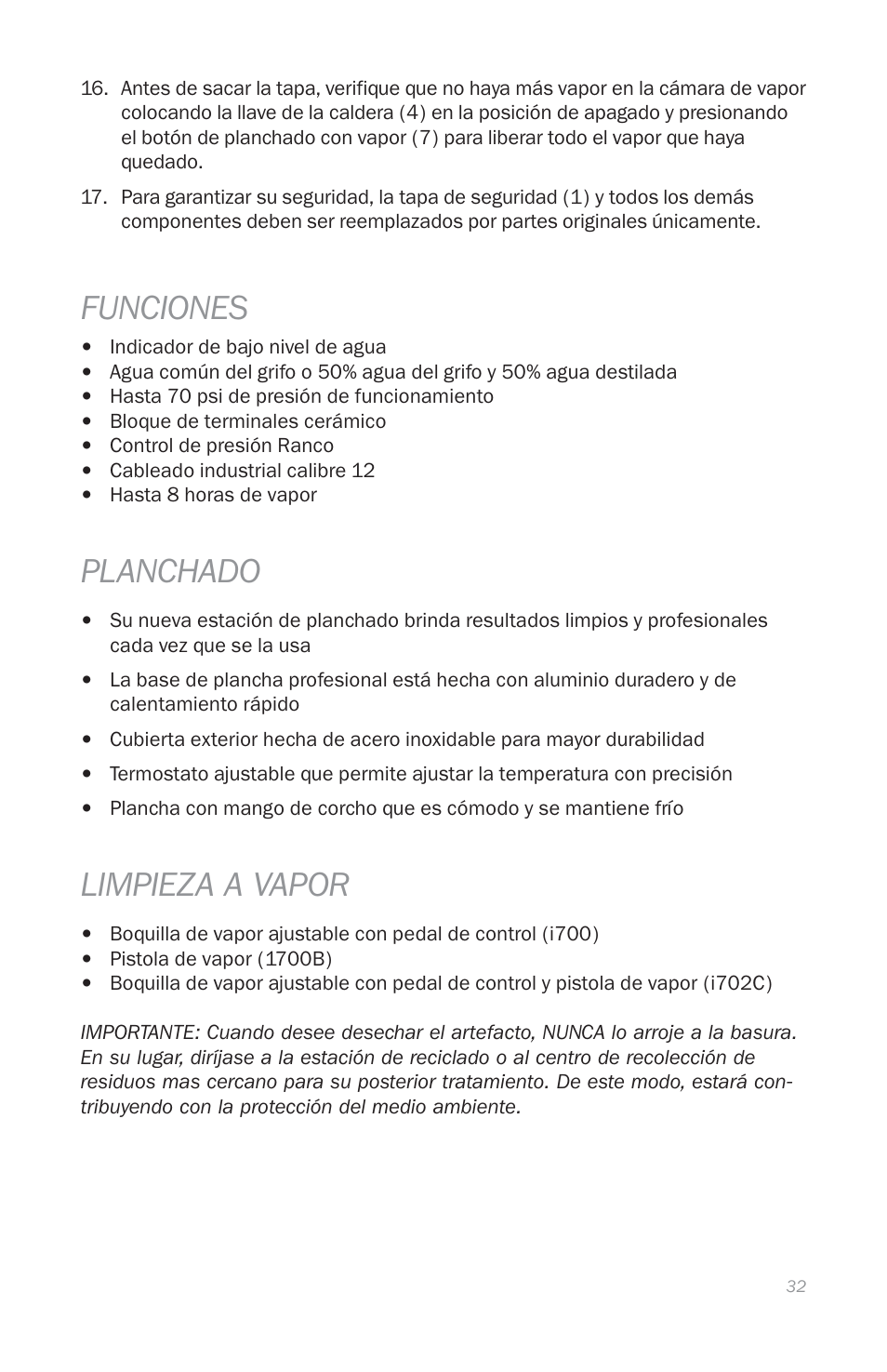 Funciones, Planchado, Limpieza a vapor | Reliable i700 User Manual | Page 34 / 45