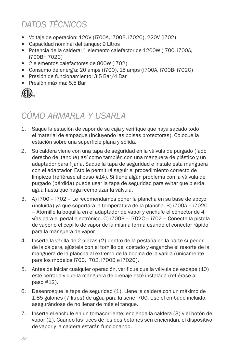 Datos técnicos, Cómo armarla y usarla | Reliable i700 User Manual | Page 35 / 45