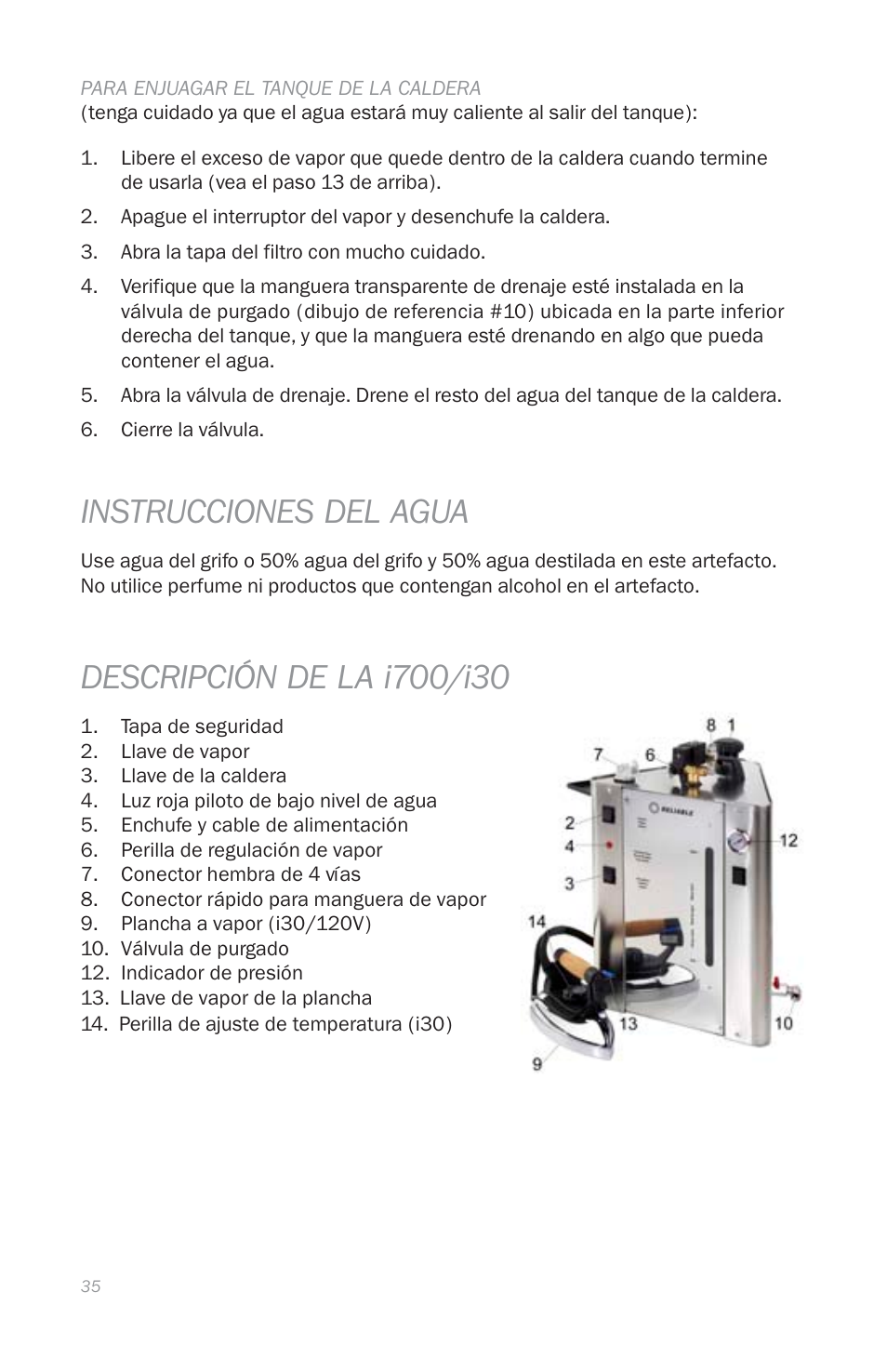 Instrucciones del agua | Reliable i700 User Manual | Page 37 / 45