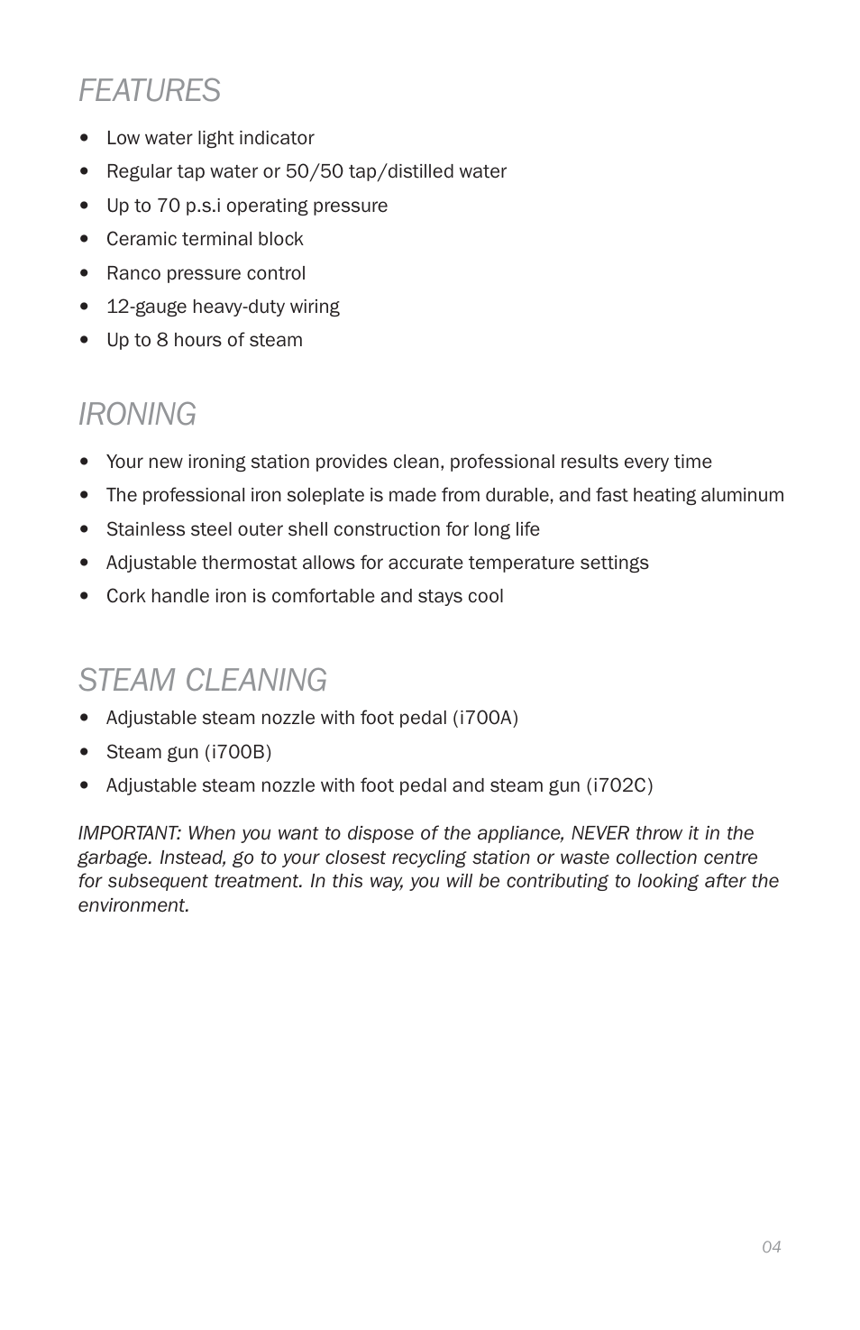 Features, Ironing, Steam cleaning | Reliable i700 User Manual | Page 6 / 45