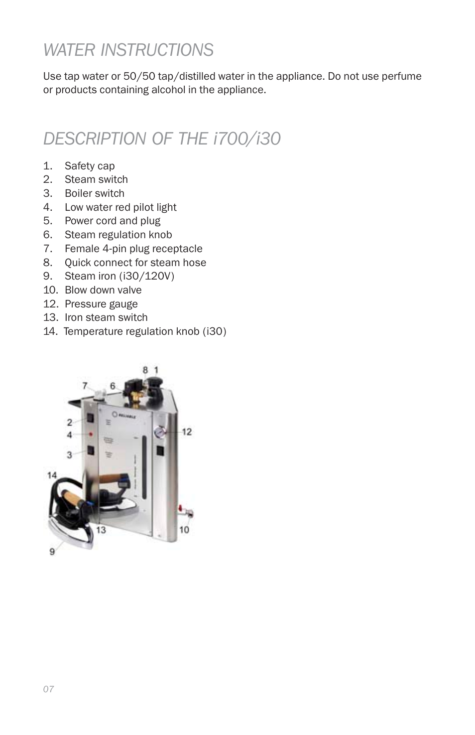 Water instructions | Reliable i700 User Manual | Page 9 / 45