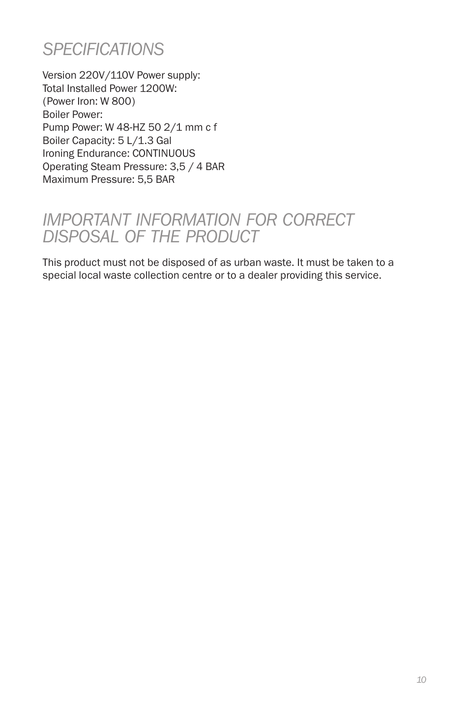 Specifications | Reliable i800 Series User Manual | Page 13 / 48