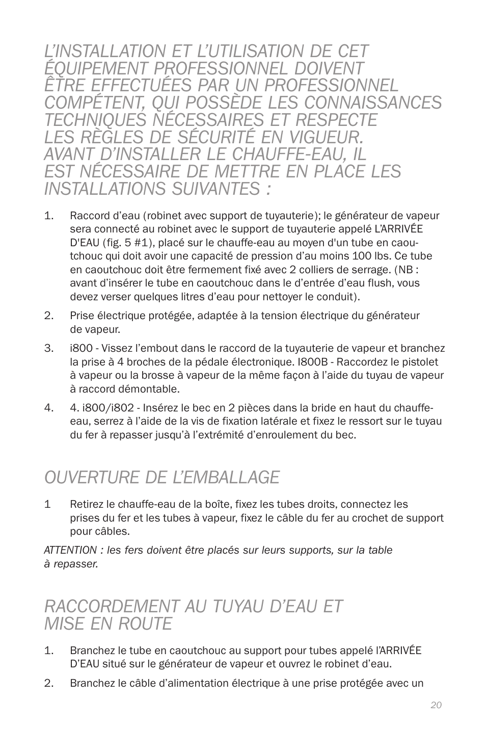 Ouverture de l’emballage, Raccordement au tuyau d’eau et mise en route | Reliable i800 Series User Manual | Page 23 / 48