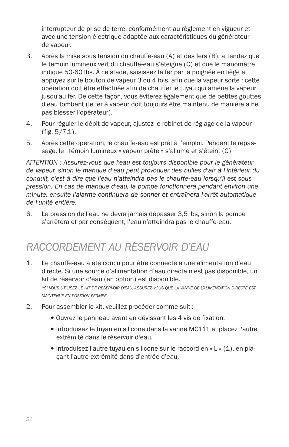 Raccordement au réservoir d’eau | Reliable i800 Series User Manual | Page 24 / 48
