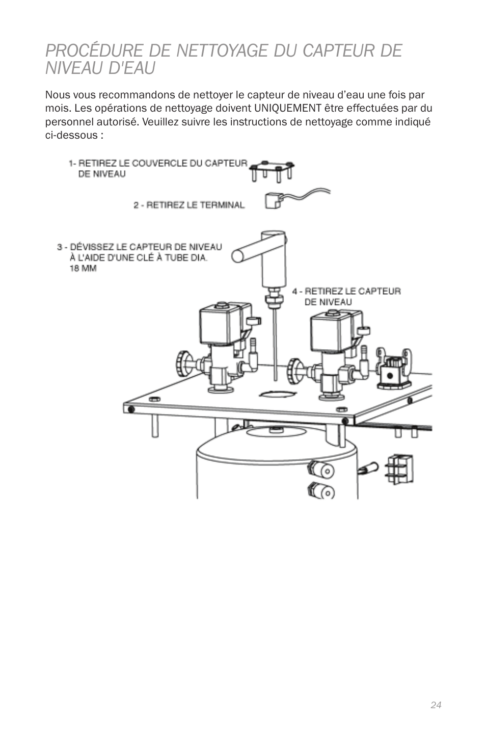 Procédure de nettoyage du capteur de niveau d'eau | Reliable i800 Series User Manual | Page 27 / 48