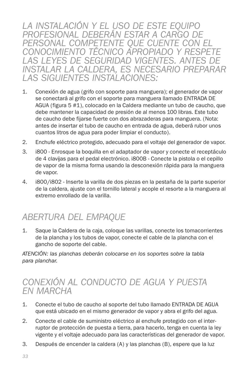 Abertura del empaque, Conexión al conducto de agua y puesta en marcha | Reliable i800 Series User Manual | Page 36 / 48