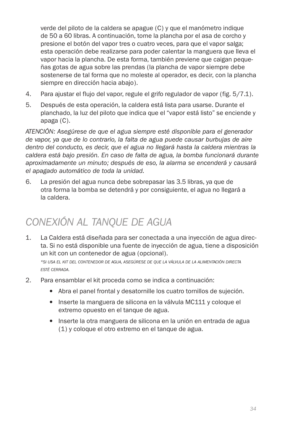 Conexión al tanque de agua | Reliable i800 Series User Manual | Page 37 / 48