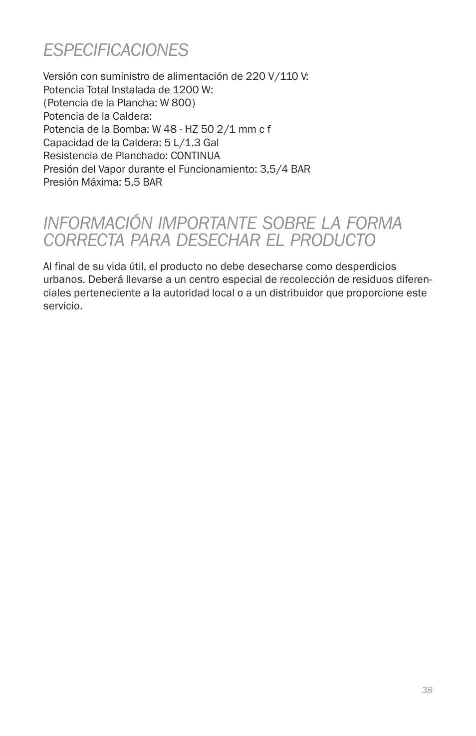 Especificaciones | Reliable i800 Series User Manual | Page 41 / 48