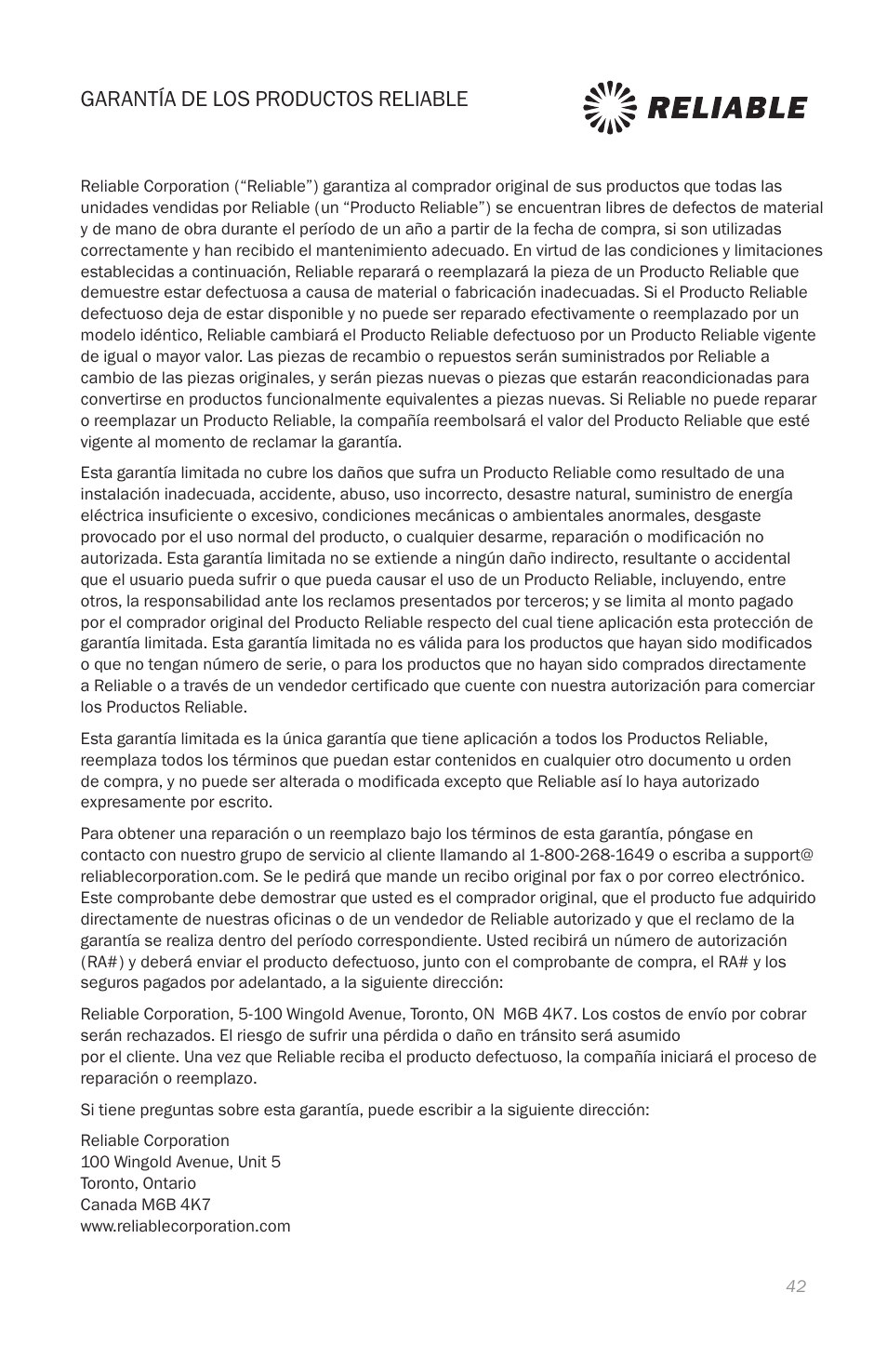 Garantía de los productos reliable | Reliable i800 Series User Manual | Page 45 / 48