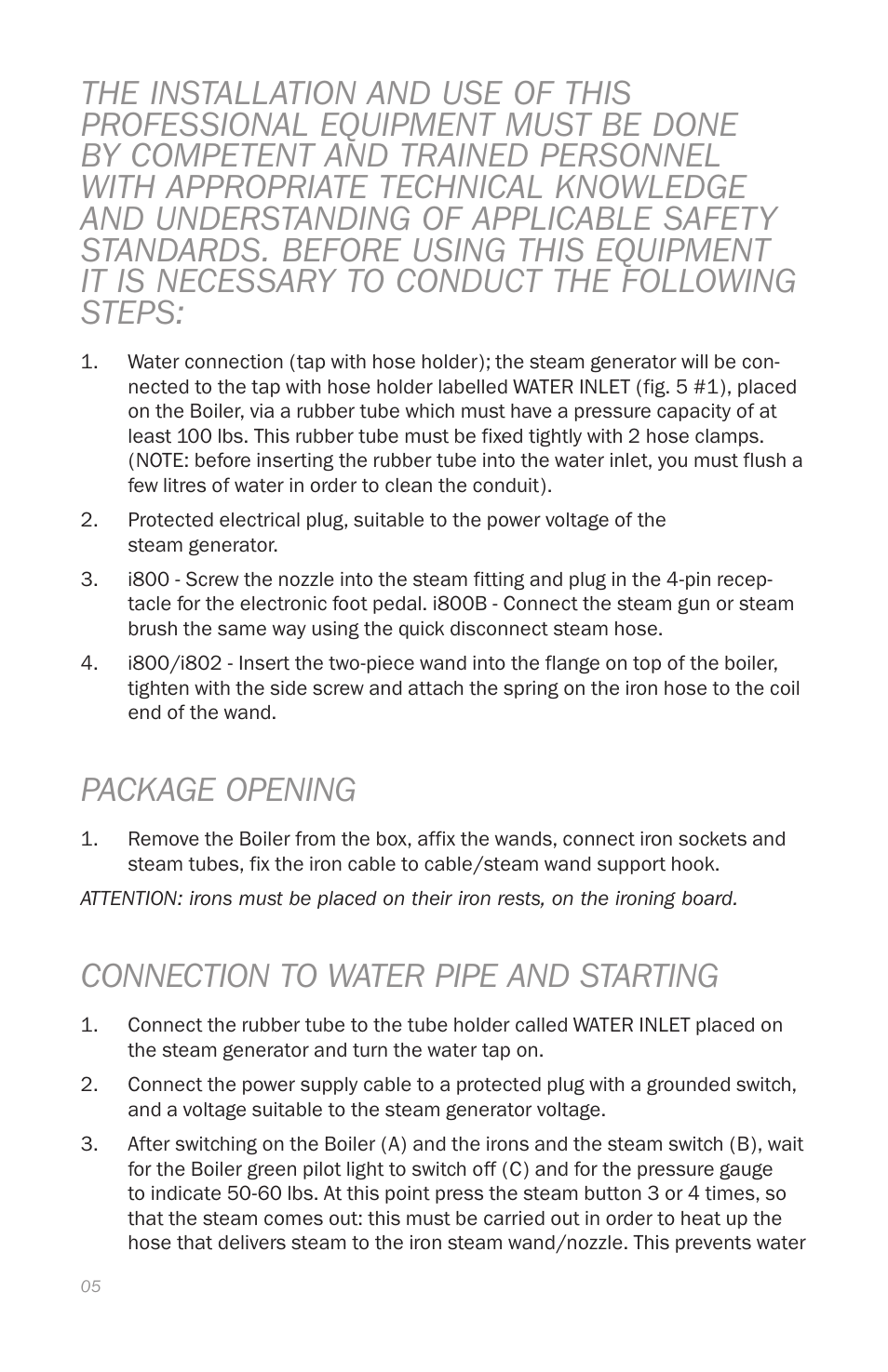 Package opening, Connection to water pipe and starting | Reliable i800 Series User Manual | Page 8 / 48