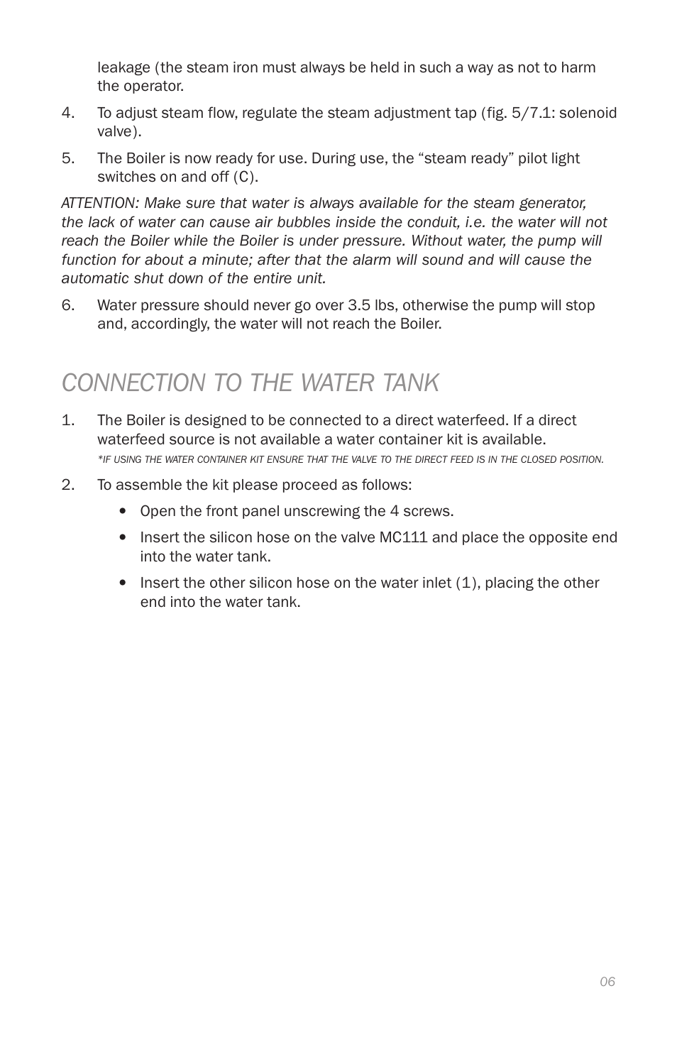 Connection to the water tank | Reliable i800 Series User Manual | Page 9 / 48