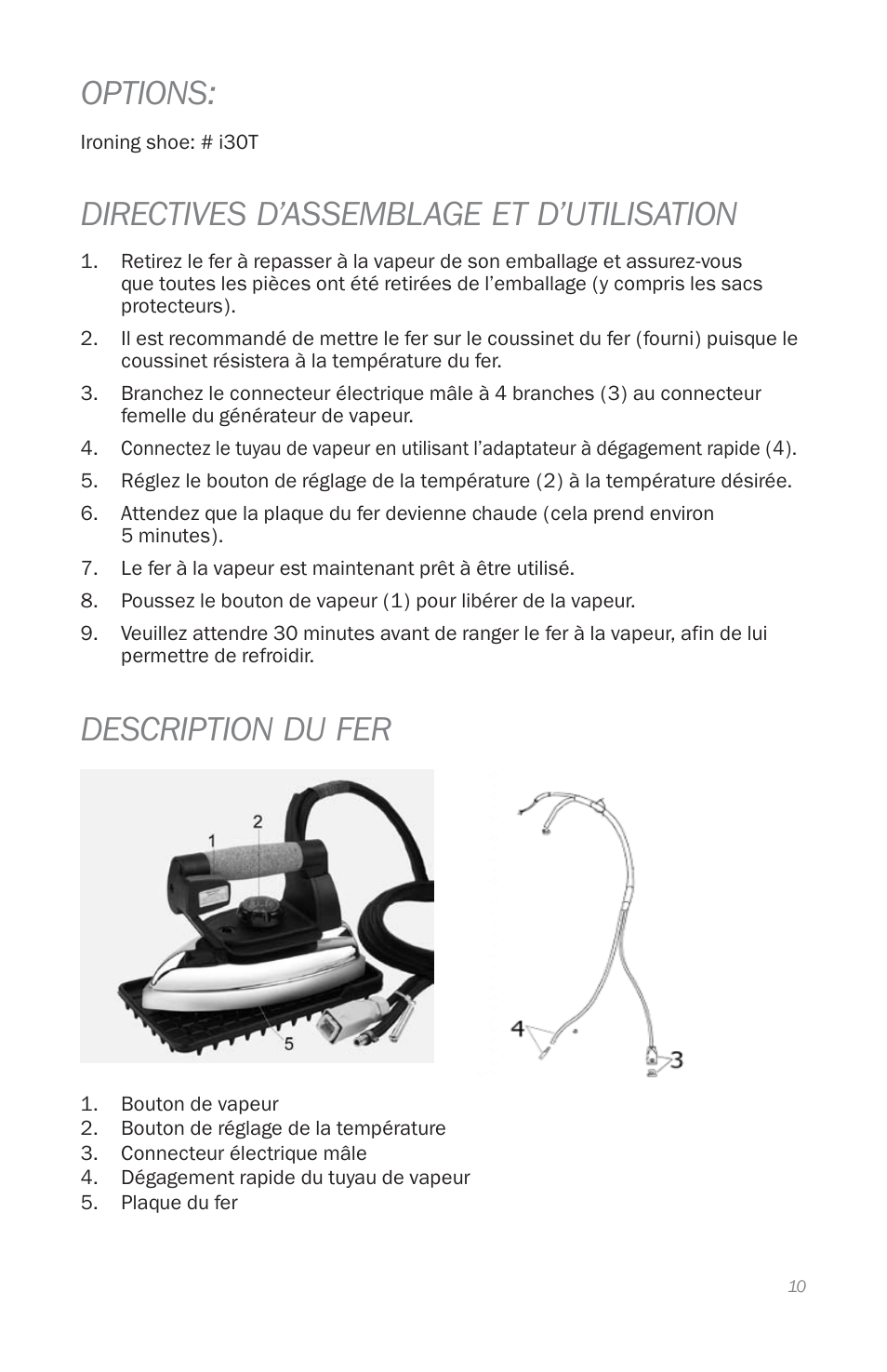 Options, Directives d’assemblage et d’utilisation, Description du fer | Reliable i30 User Manual | Page 12 / 21