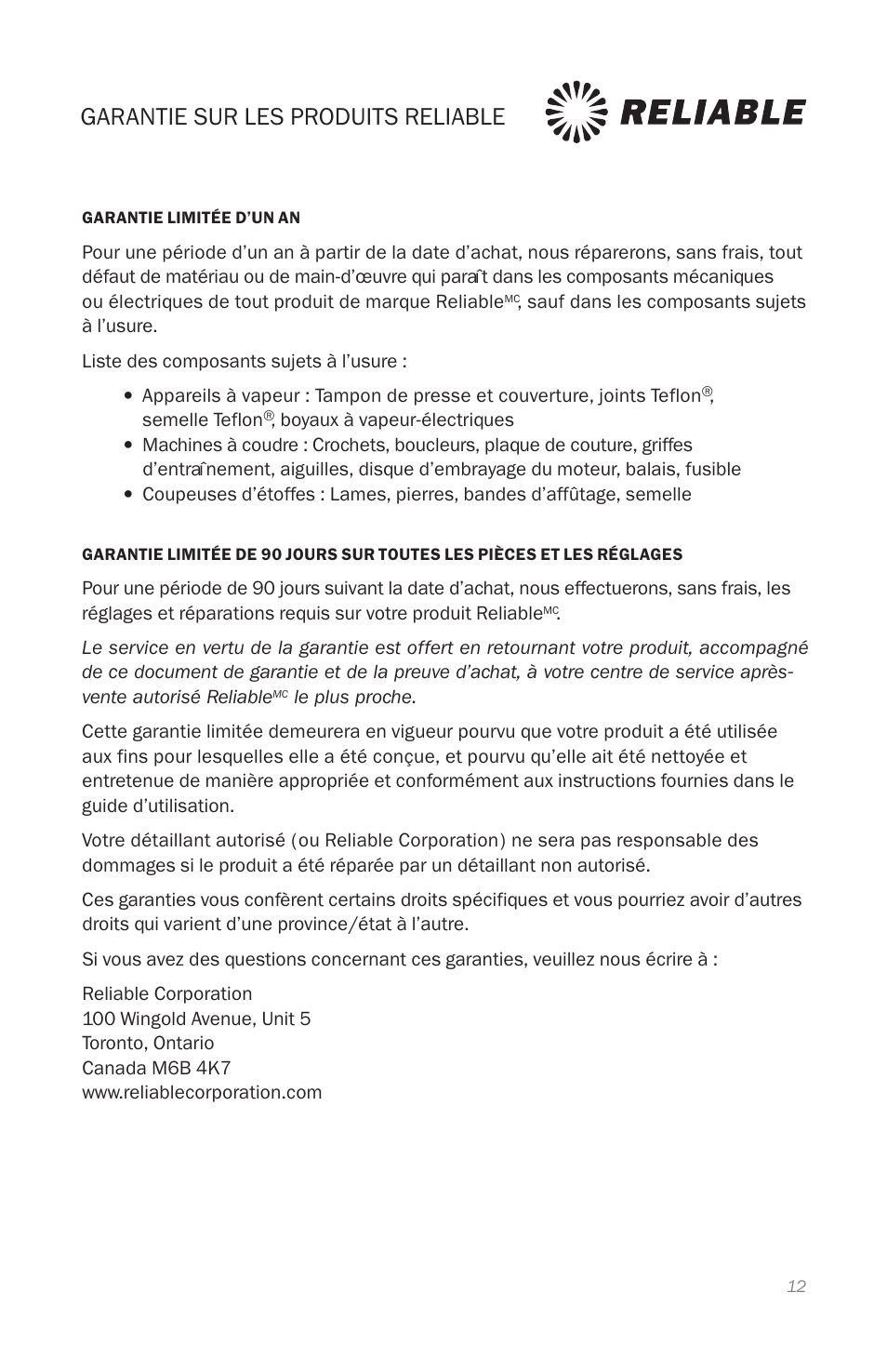Garantie sur les produits reliable | Reliable i30 User Manual | Page 14 / 21