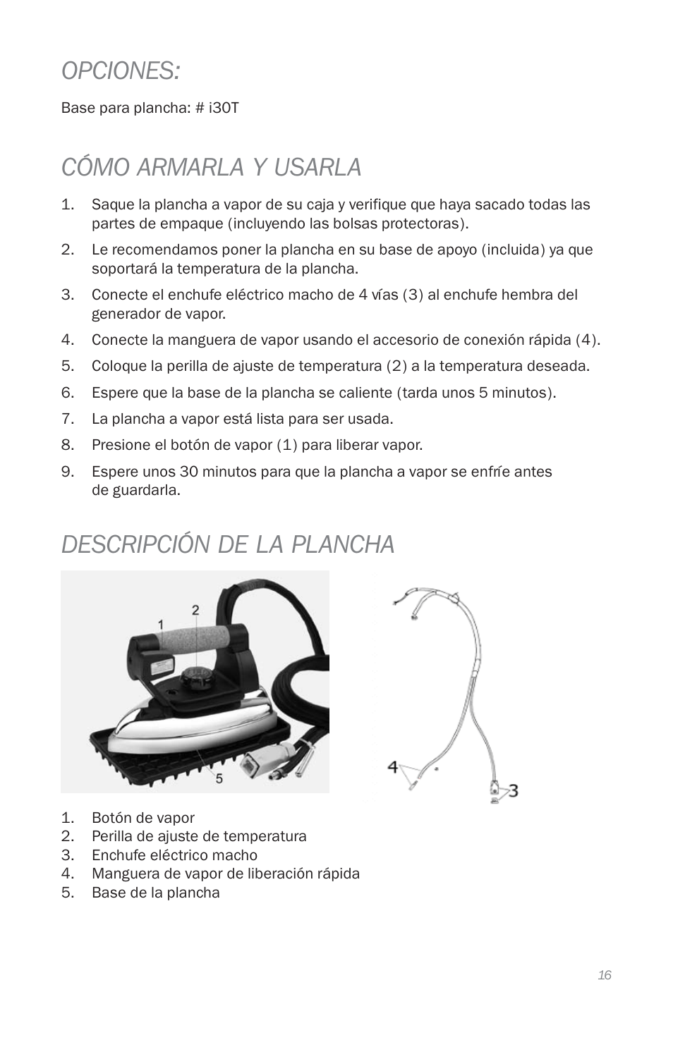 Opciones, Cómo armarla y usarla, Descripción de la plancha | Reliable i30 User Manual | Page 18 / 21