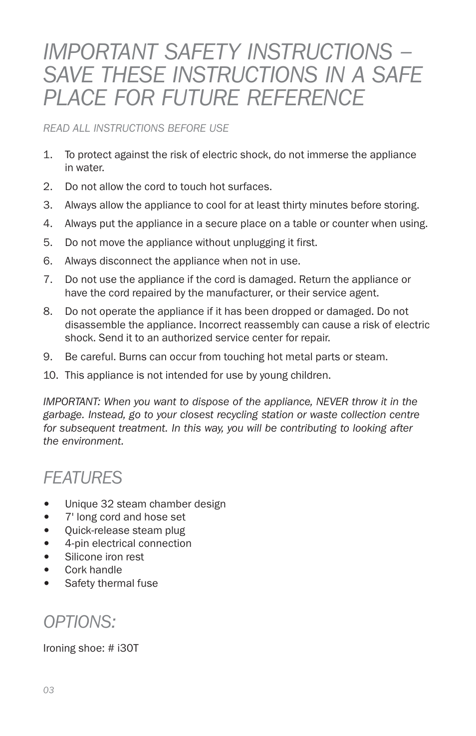 Features, Options | Reliable i30 User Manual | Page 5 / 21