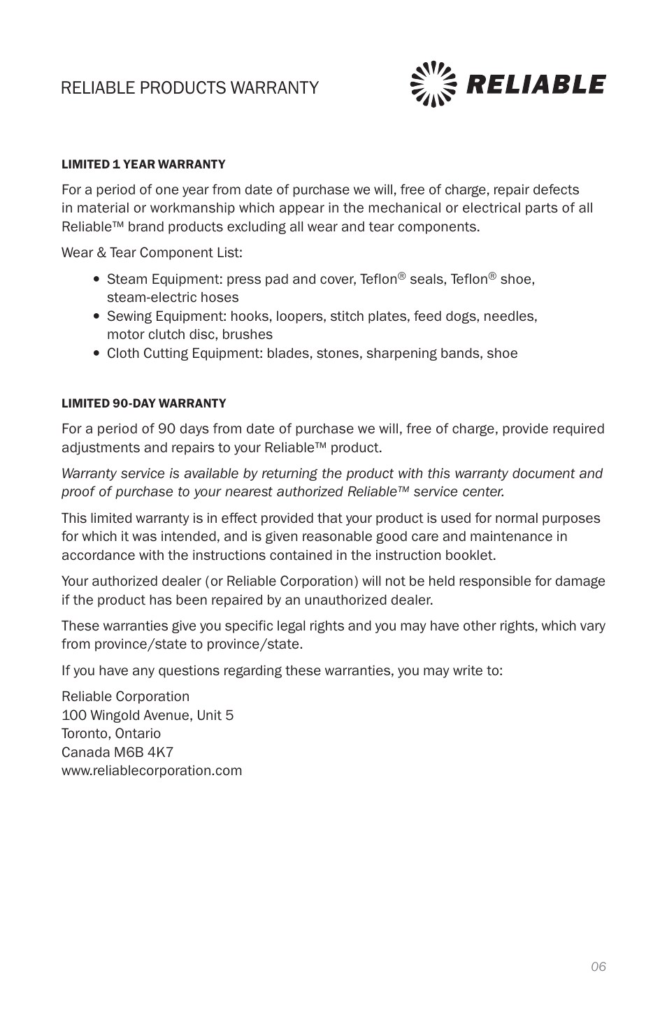 Reliable products warranty | Reliable i30 User Manual | Page 8 / 21