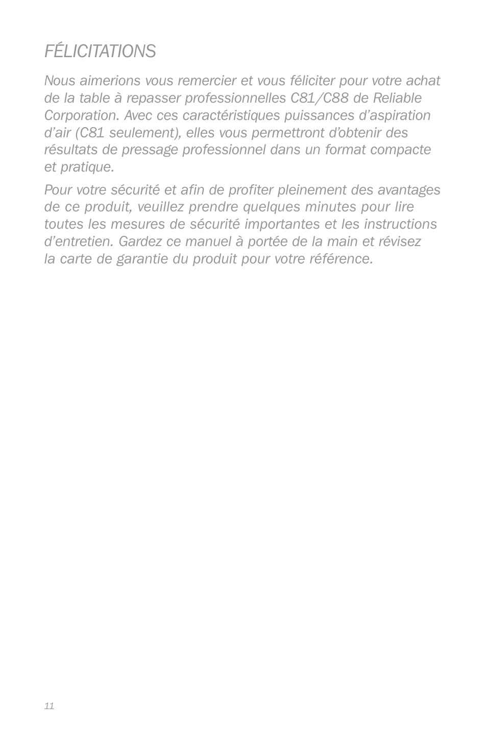 Félicitations | Reliable C88 User Manual | Page 14 / 32