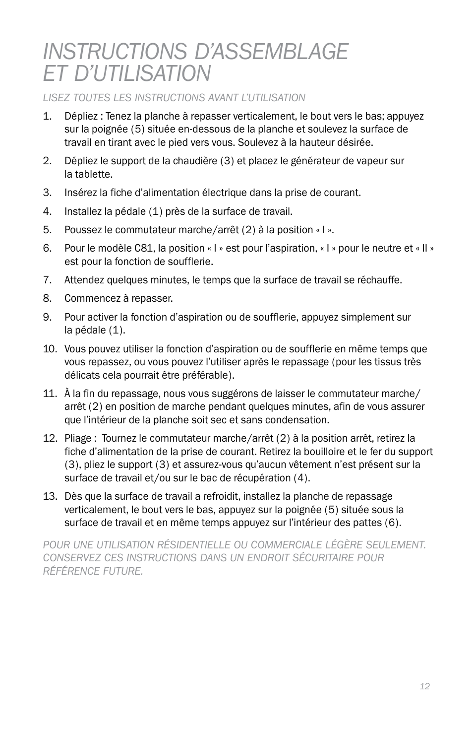 Instructions d’assemblage et d’utilisation | Reliable C88 User Manual | Page 15 / 32