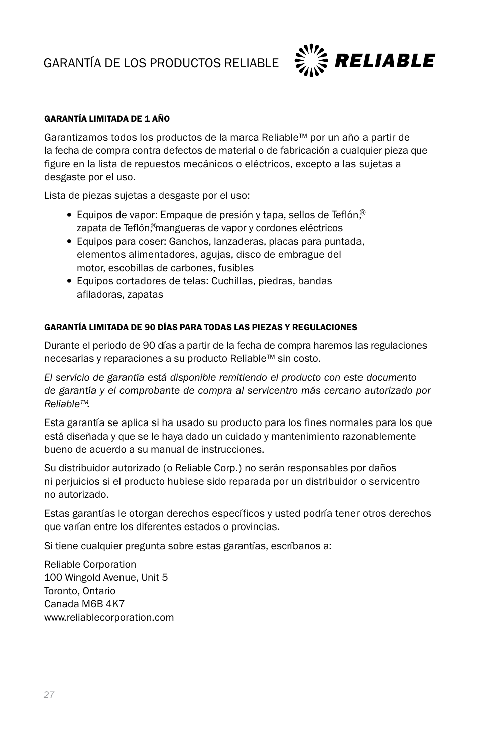 Garantía de los productos reliable | Reliable C88 User Manual | Page 30 / 32