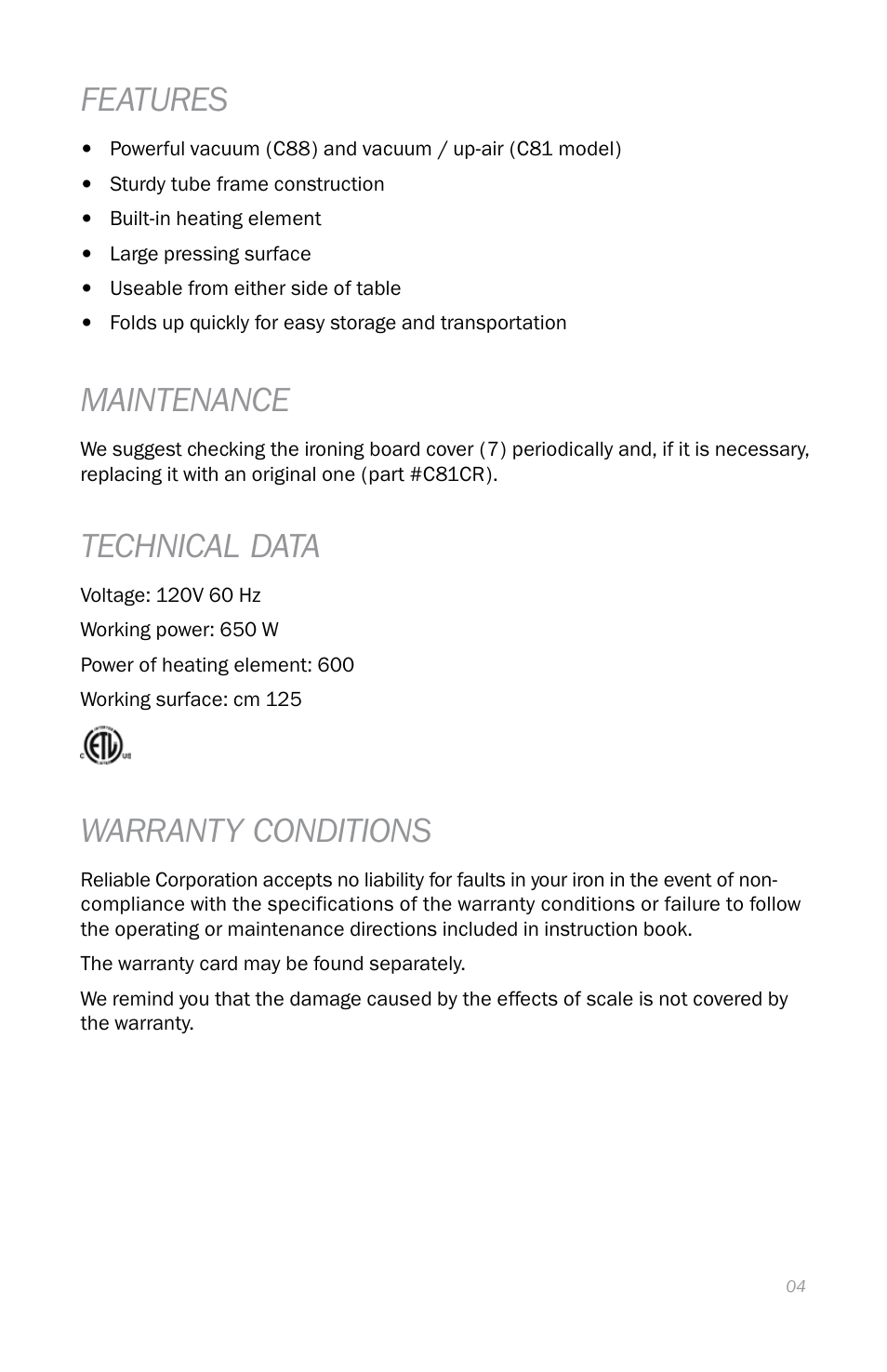 Features, Maintenance, Technical data | Warranty conditions | Reliable C88 User Manual | Page 7 / 32