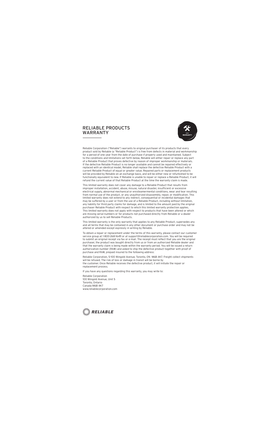 Reliable products warranty | Reliable 6200VB User Manual | Page 2 / 2