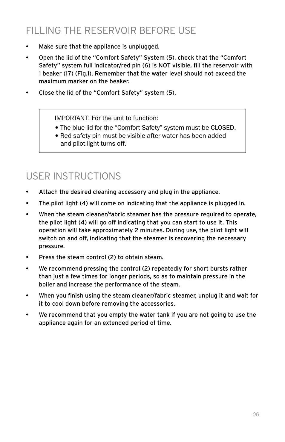 Filling the reservoir before use, User instructions | Reliable 100CH User Manual | Page 11 / 44
