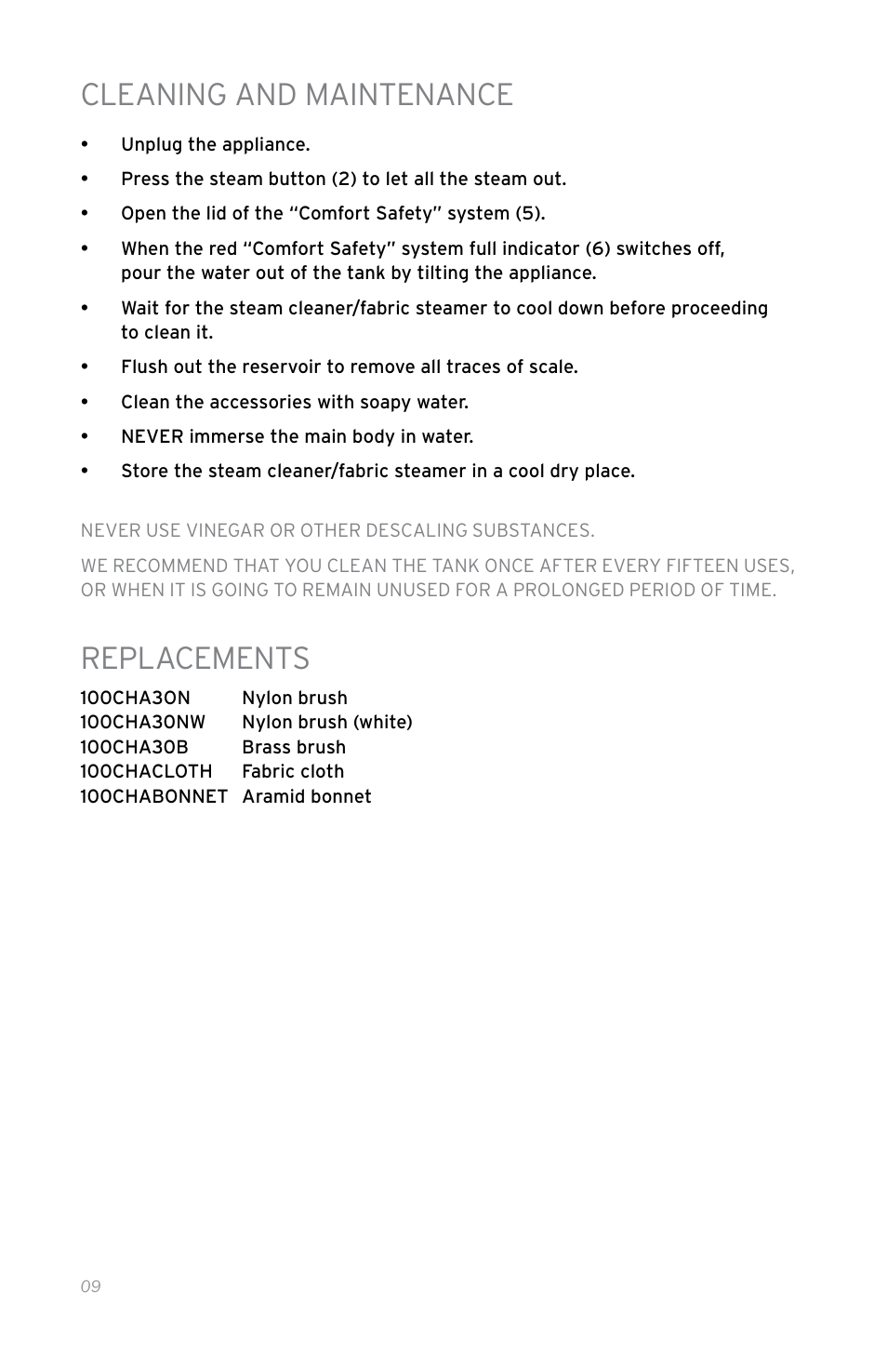Cleaning and maintenance, Replacements | Reliable 100CH User Manual | Page 14 / 44