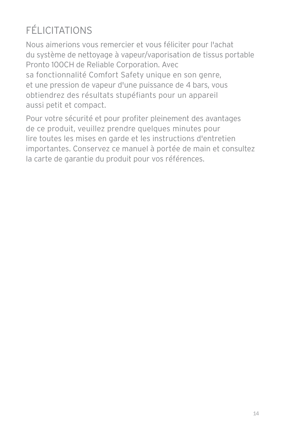 Félicitations | Reliable 100CH User Manual | Page 19 / 44