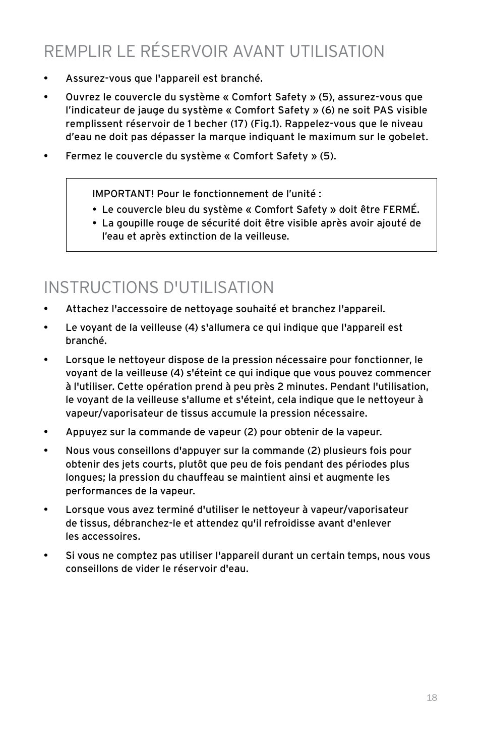 Remplir le réservoir avant utilisation, Instructions d'utilisation | Reliable 100CH User Manual | Page 23 / 44