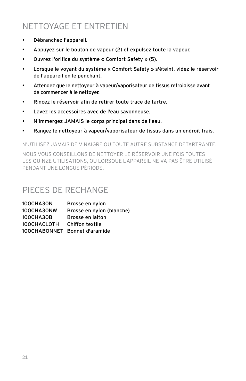 Nettoyage et entretien, Pieces de rechange | Reliable 100CH User Manual | Page 26 / 44