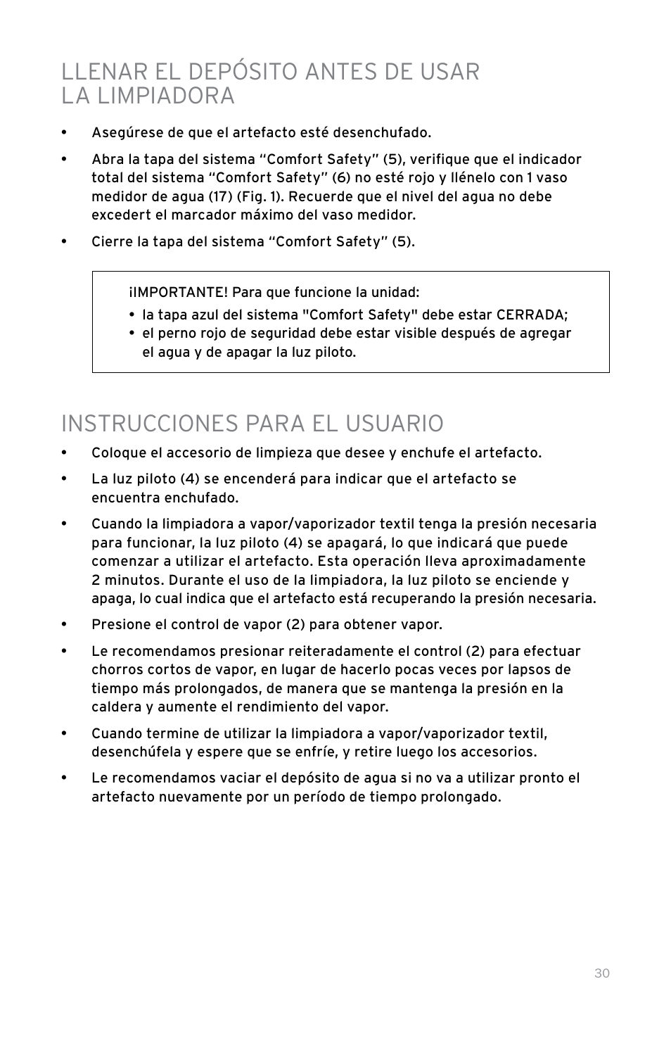 Llenar el depósito antes de usar la limpiadora, Instrucciones para el usuario | Reliable 100CH User Manual | Page 35 / 44