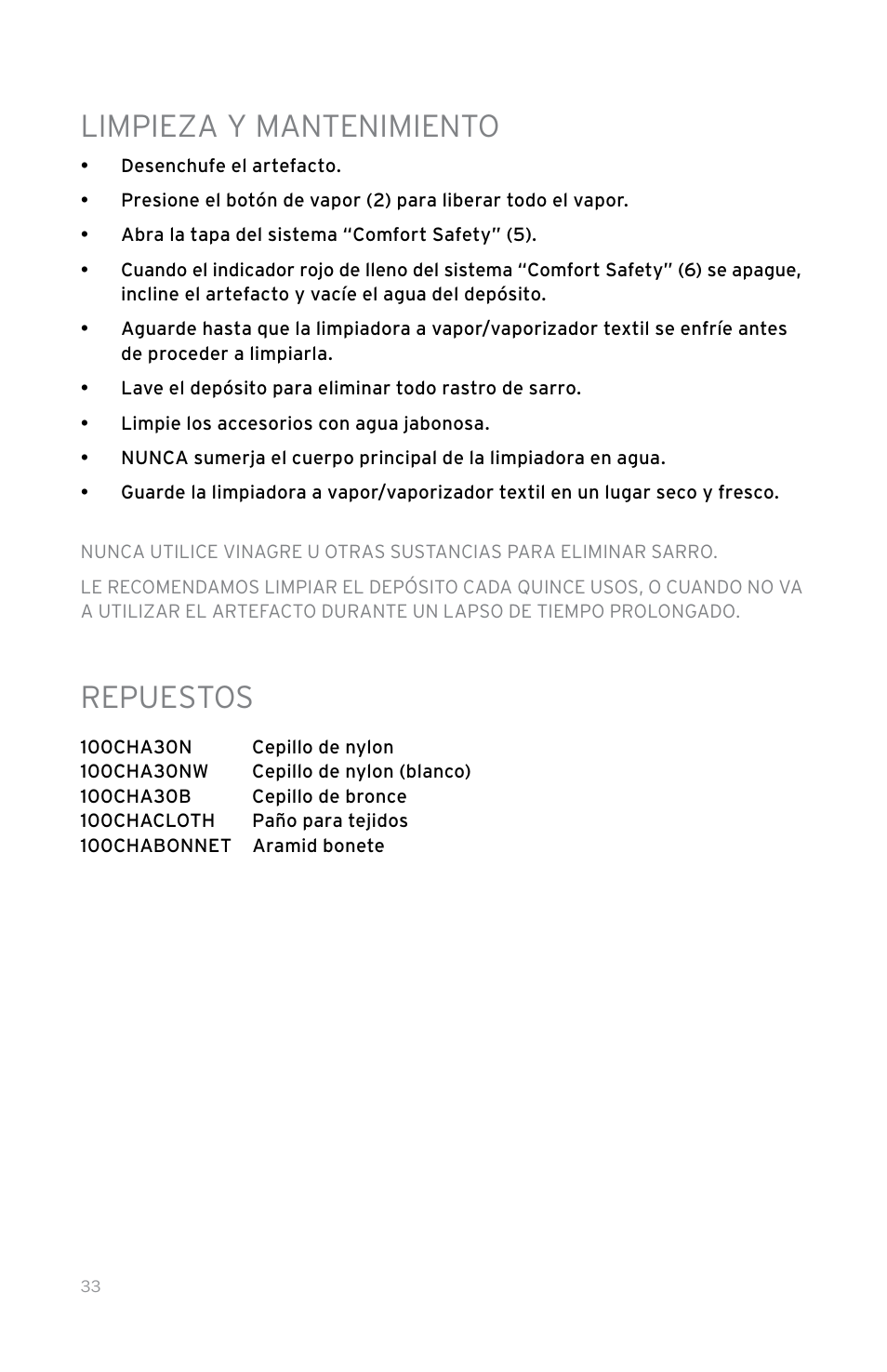 Limpieza y mantenimiento, Repuestos | Reliable 100CH User Manual | Page 38 / 44