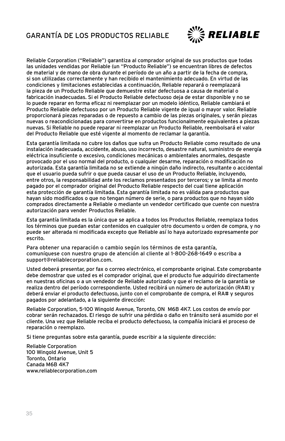 Garantía de los productos reliable | Reliable 100CH User Manual | Page 40 / 44