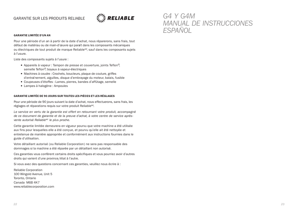 G4 y g4m manual de instrucciones español, Garantie sur les produits reliable | Reliable G4 User Manual | Page 13 / 19