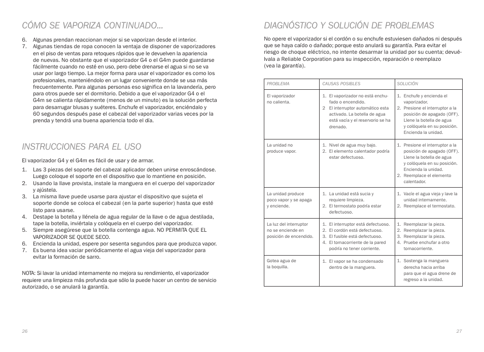 Cómo se vaporiza continuado, Instrucciones para el uso, Diagnóstico y solución de problemas | Reliable G4 User Manual | Page 15 / 19