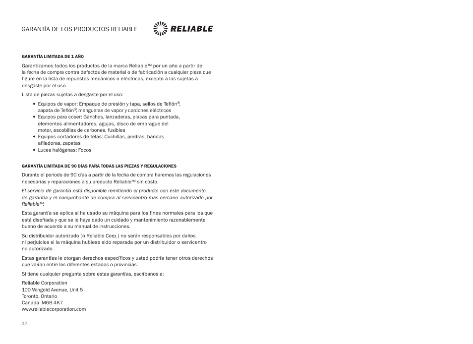 Garantía de los productos reliable | Reliable G4 User Manual | Page 18 / 19