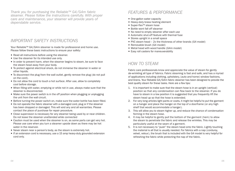 Important safety instructions, Features & performance, How to steam | Reliable G4 User Manual | Page 4 / 19