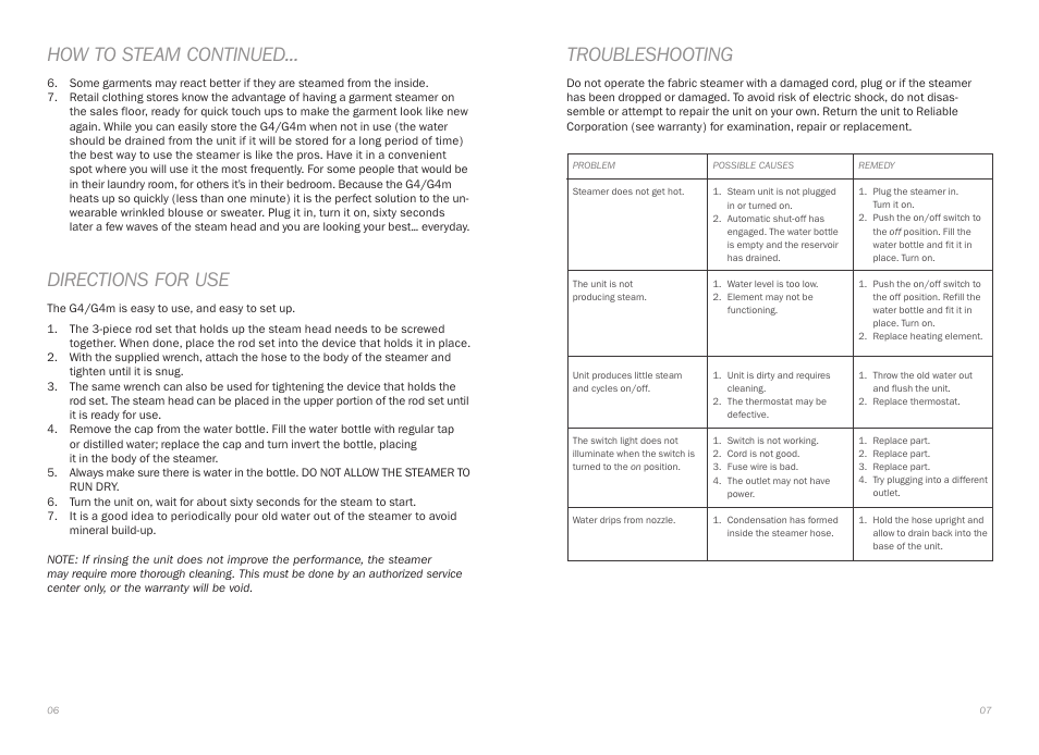 How to steam continued, Directions for use, Troubleshooting | Reliable G4 User Manual | Page 5 / 19