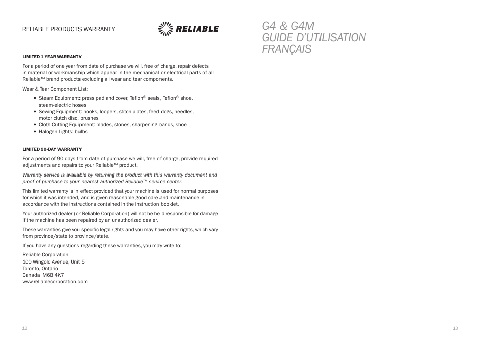 G4 & g4m guide d’utilisation français | Reliable G4 User Manual | Page 8 / 19