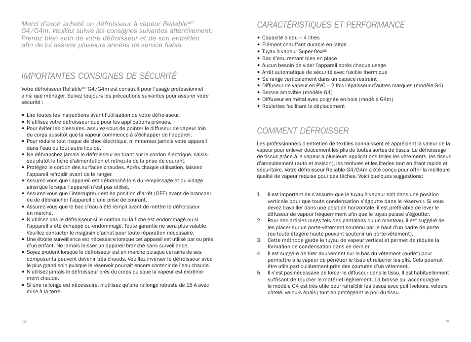 Importantes consignes de sécurité, Caractéristiques et performance, Comment défroisser | Reliable G4 User Manual | Page 9 / 19