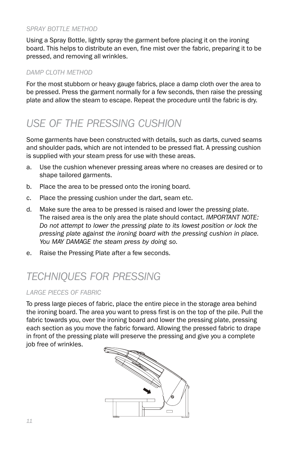 Use of the pressing cushion, Techniques for pressing | Reliable S330 User Manual | Page 14 / 48