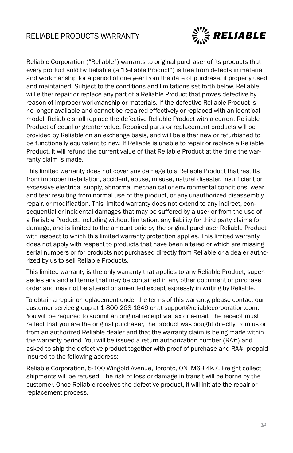 Reliable products warranty | Reliable S330 User Manual | Page 17 / 48